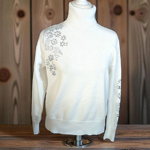 Truth By Republic White Turtleneck Rhinestone Embellished Cozy Soft Sweater Sz S - Picture 1 of 14